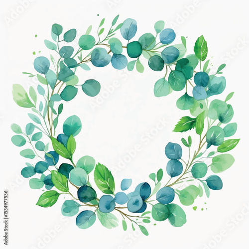Eucalyptus and Mint Watercolor Wreath. Serene Blue-Green Botanical Circle Illustration.