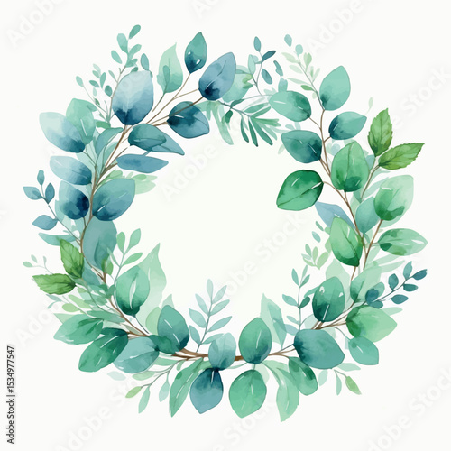 Eucalyptus and Mint Watercolor Wreath. Serene Blue-Green Botanical Circle Illustration.