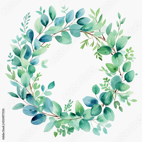 Eucalyptus and Mint Watercolor Wreath. Serene Blue-Green Botanical Circle Illustration.