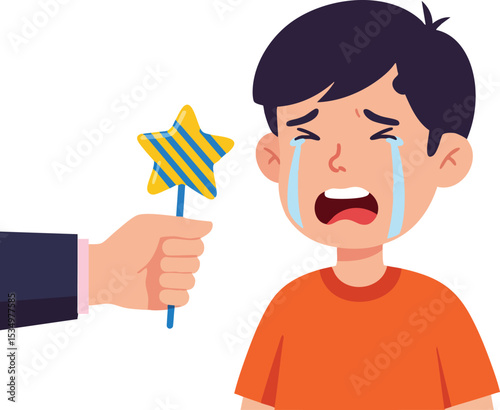 Crying boy receiving magic wand and hand gesture comforting child in orange shirt vector illustration 