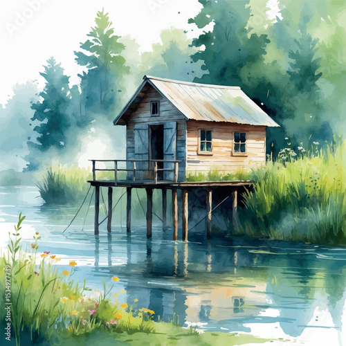 Riverside fishing cabin on stilts watercolor illustration. Weathered wood structure with wildflowers in misty morning atmosphere.