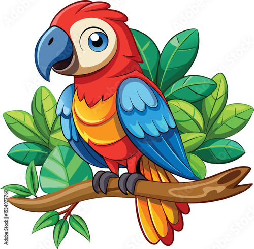 Adorable cartoon macaw perched on a branch