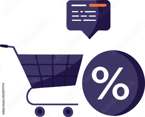 Shopping cart with discount percentage icon and message bubble vector illustration for online sale and ecommerce promotion 