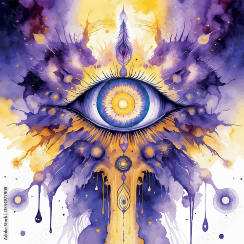 Spiritual third eye watercolor art. Psychedelic fractal design with cosmic purples mystical symbols and golden accents.