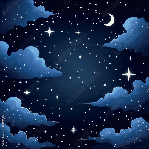 Starry night sky in outline style. Dark minimalist cosmic atmosphere with abstract space scene vector background.