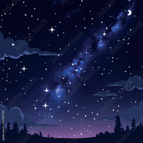 Starry night sky in outline style. Dark minimalist cosmic atmosphere with abstract space scene vector background.