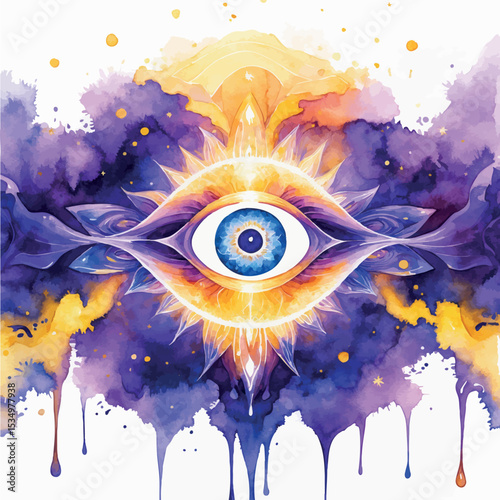 Spiritual third eye watercolor art. Psychedelic fractal design with cosmic purples mystical symbols and golden accents.