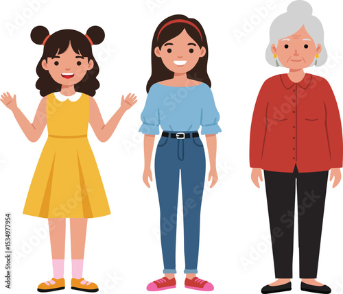 Three Generations of Female Family Members Including Child Teen and Elderly Woman Smiling Together in Casual Clothes 
