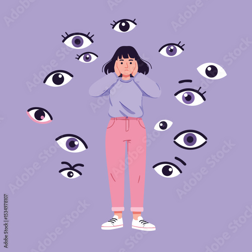 Woman surrounded by floating eyes expressing anxiety and stress in purple and pink clothing vector illustration 