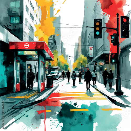 Vibrant Urban Street Watercolor Art. Subway and Traffic Infrastructure City Illustration.