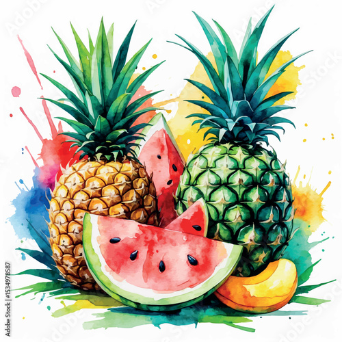 Tropical fruits watercolor composition. Vibrant summer fruit slices with artistic paint splashes.