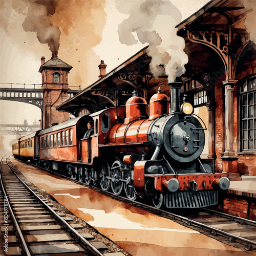 Vintage Railway Station Watercolor Art. Nostalgic Transportation Infrastructure Illustration.