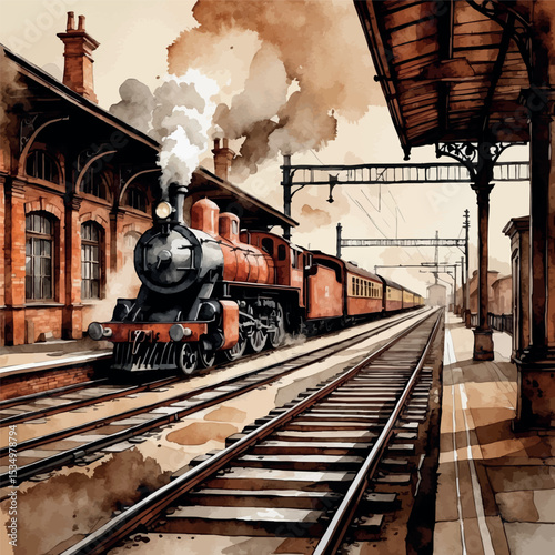 Vintage Railway Station Watercolor Art. Nostalgic Transportation Infrastructure Illustration.