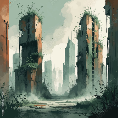 Abandoned post-apocalyptic city watercolor illustration. Nature reclaiming urban ruins with atmospheric fog and muted colors.