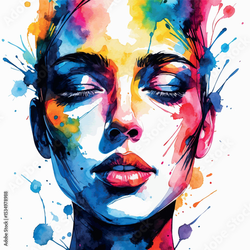 Abstract watercolor face with bold lines and expressive color splashes
