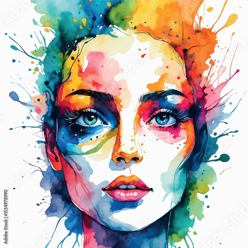 Abstract watercolor face with bold lines and expressive color splashes