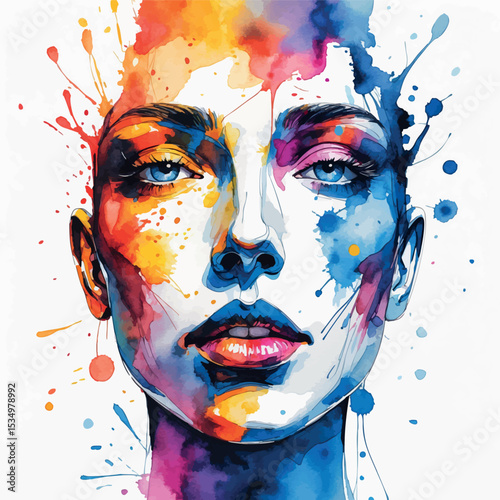 Abstract watercolor face with bold lines and expressive color splashes