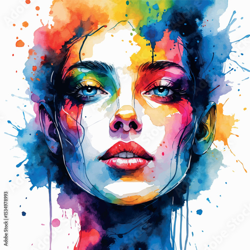 Abstract watercolor face with bold lines and expressive color splashes