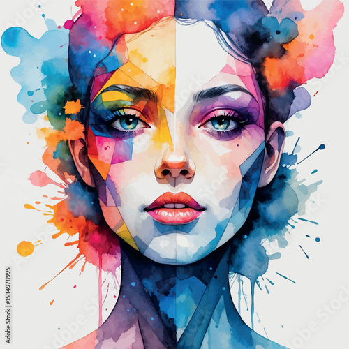 Abstract watercolor female face with vibrant colors and geometric shapes
