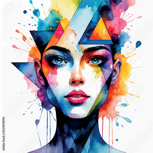 Abstract watercolor female face with vibrant colors and geometric shapes