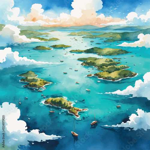 Aerial watercolor archipelago with tropical islands and turquoise sea