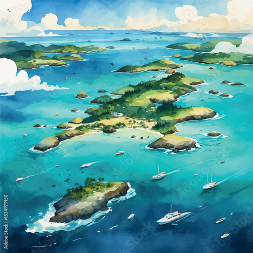 Aerial watercolor archipelago with tropical islands and turquoise sea