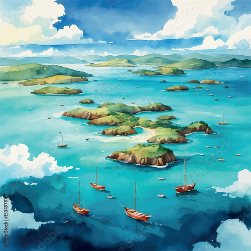 Aerial watercolor archipelago with tropical islands and turquoise sea
