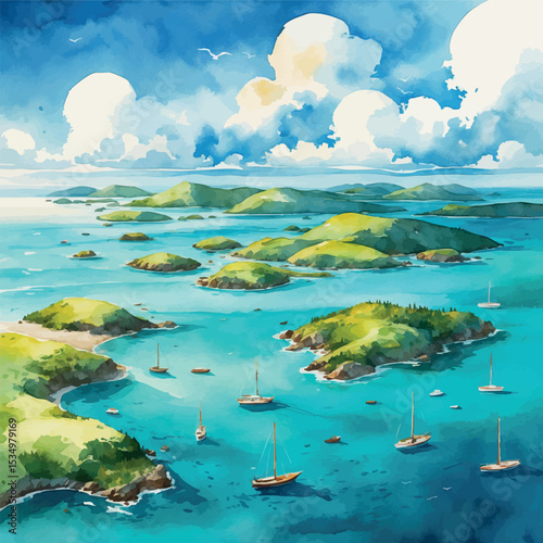 Aerial watercolor archipelago with tropical islands and turquoise sea