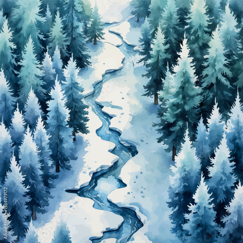 Snowy pine forest from above – cold winter watercolor aerial scene