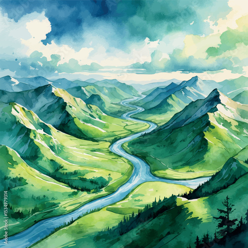 Watercolor aerial landscape of mountain valley with winding river