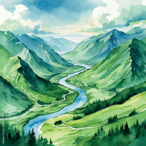 Watercolor aerial landscape of mountain valley with winding river