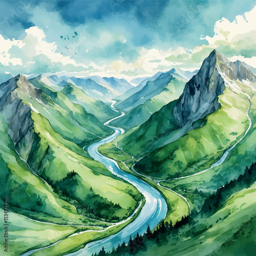 Watercolor aerial landscape of mountain valley with winding river