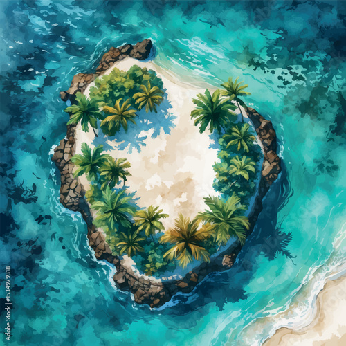 Tropical island aerial view – watercolor landscape with ocean and beach