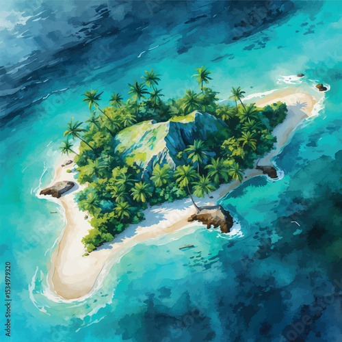Tropical island aerial view – watercolor landscape with ocean and beach