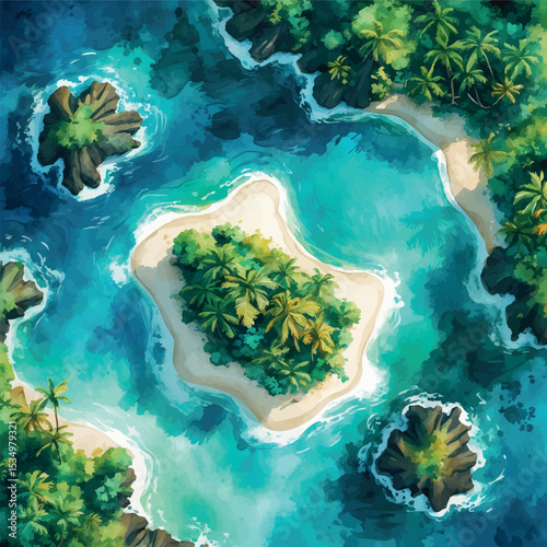 Tropical island aerial view – watercolor landscape with ocean and beach