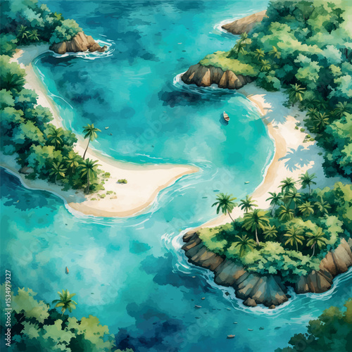 Tropical island aerial view – watercolor landscape with ocean and beach