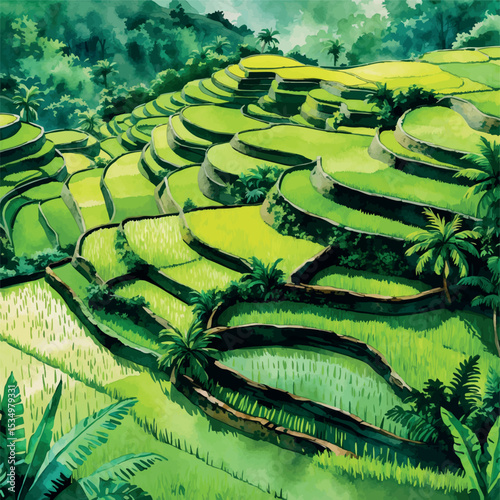 Aerial watercolor of green rice terraces – tropical hillside farming scene