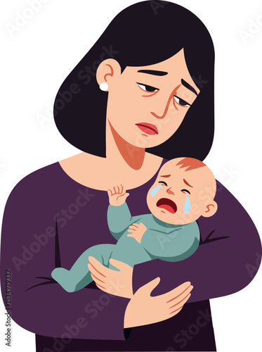 Mother holding crying baby with worried expression in illustration of parental care and infant distress 
