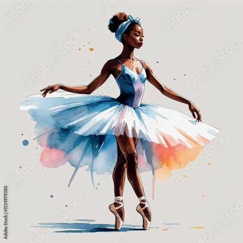 Graceful African-American ballerina watercolor illustration. Elegant dance pose with flowing tutu and rich skin tones.
