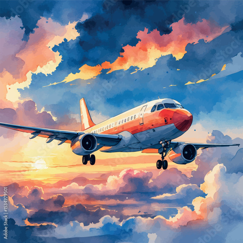 Watercolor airplane in sky – dreamy vacation travel concept