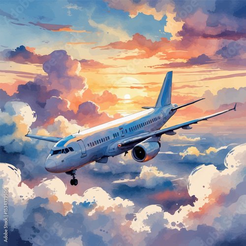 Watercolor airplane in sky – dreamy vacation travel concept