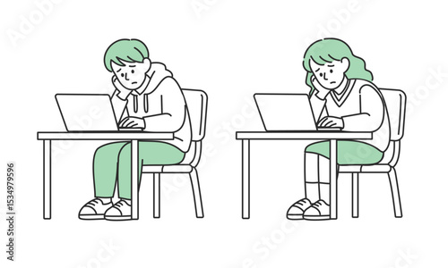 パソコン作業に悩む学生男女のイラスト