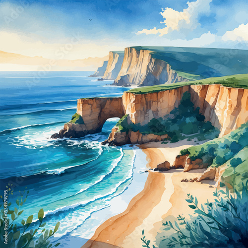 Top-down watercolor coastal scene with cliffs and ocean waves