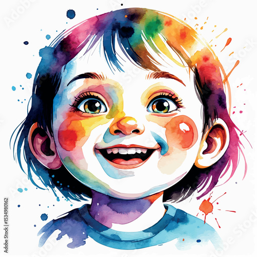 Watercolor face of a happy child with bright colors and cheerful expression