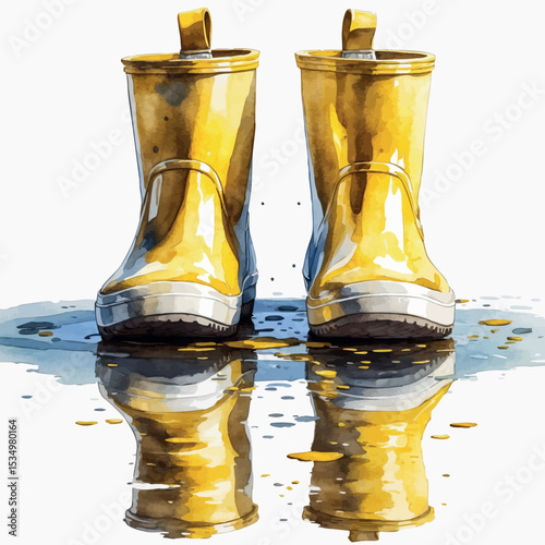 Watercolor yellow kids rain boots with puddle reflection playful and charming illustration
