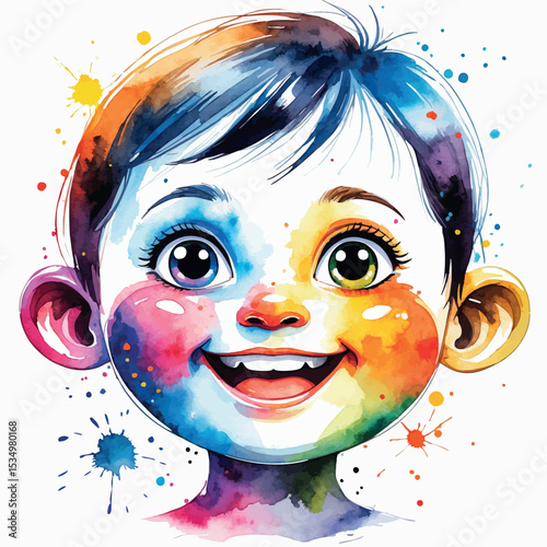 Watercolor face of a happy child with bright colors and cheerful expression