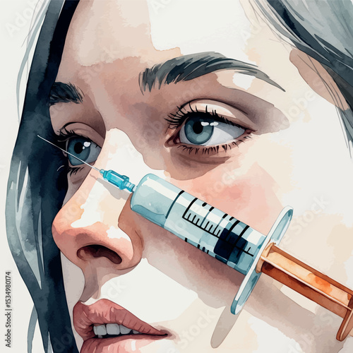 Watercolor vector of syringe injecting botox into woman's forehead