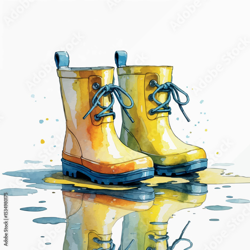 Watercolor yellow kids rain boots with puddle reflection playful and charming illustration