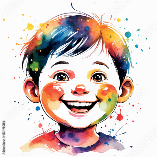 Watercolor face of a happy child with bright colors and cheerful expression