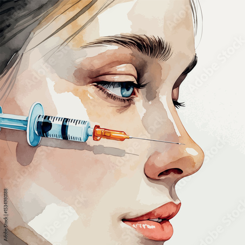 Watercolor vector of syringe injecting botox into woman's forehead